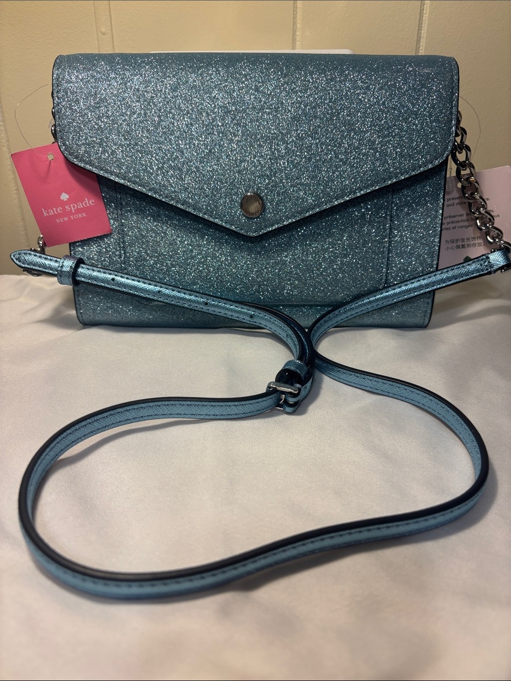 NWT Kate Spade Tinsel Flap Crossbody in Frosty Sky Blue – Incl Factory Packing!